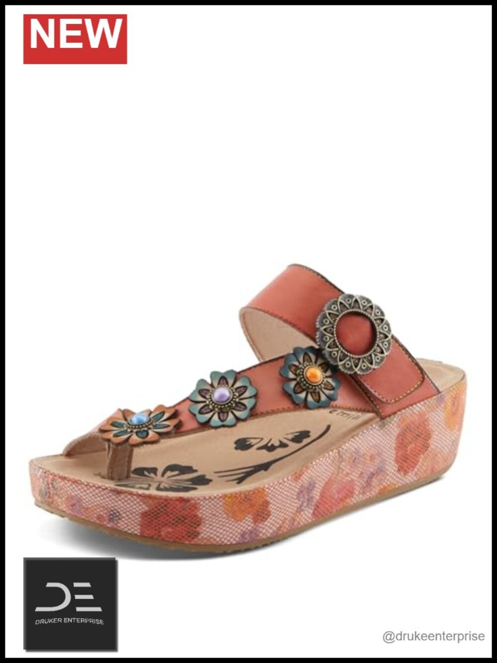 Hand-Painted Leather Floral Wedge Sandals Adjustable Ankle Strap